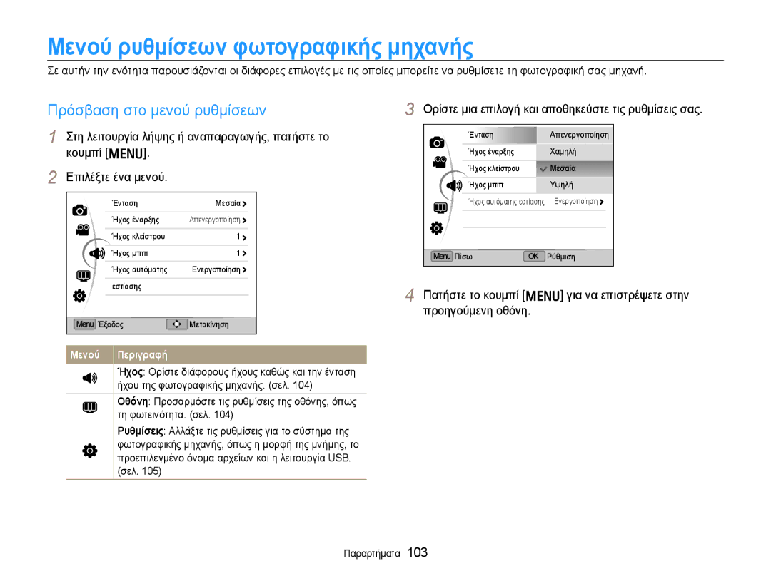 Samsung EC-EX1ZZZBPBE3 manual Μενού ρυθμίσεων φωτογραφικής μηχανής, Πρόσβαση στο μενού ρυθμίσεων, Παραρτήματα 