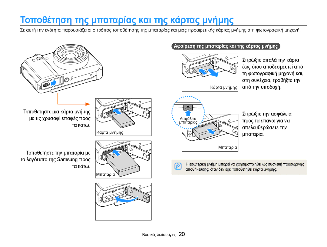 Samsung EC-EX1ZZZBPBE3 manual Τοποθέτηση της μπαταρίας και της κάρτας μνήμης, Αφαίρεση της μπαταρίας και της κάρτας μνήμης 