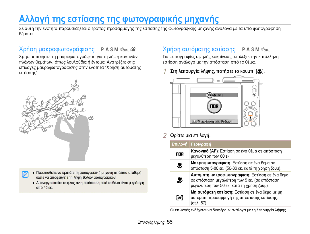 Samsung EC-EX1ZZZBPBE3 manual Αλλαγή της εστίασης της φωτογραφικής μηχανής, Χρήση μακροφωτογράφισης p a S M d 