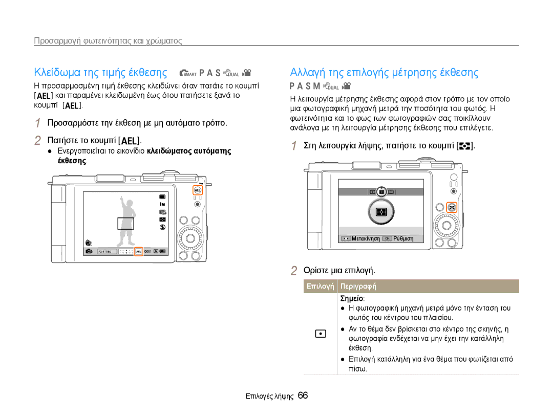 Samsung EC-EX1ZZZBPBE3 manual Κλείδωμα της τιμής έκθεσης t p a S d, Αλλαγή της επιλογής μέτρησης έκθεσης 