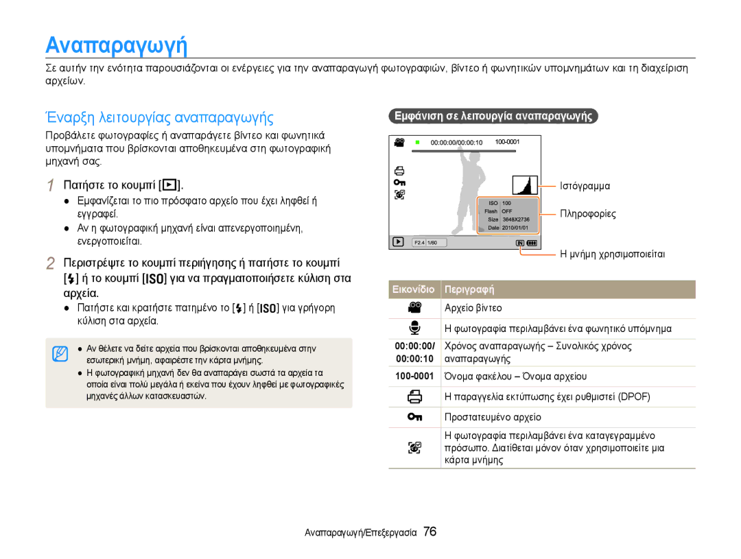 Samsung EC-EX1ZZZBPBE3 manual Αναπαραγωγή, Πατήστε το κουμπί P 