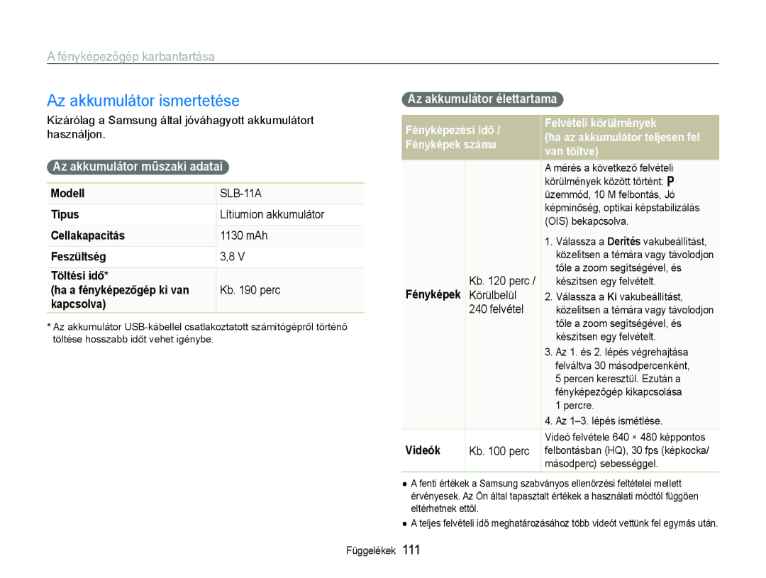 Samsung EC-EX1ZZZBPBIT manual Az akkumulátor ismertetése, Az akkumulátor műszaki adatai, Az akkumulátor élettartama 