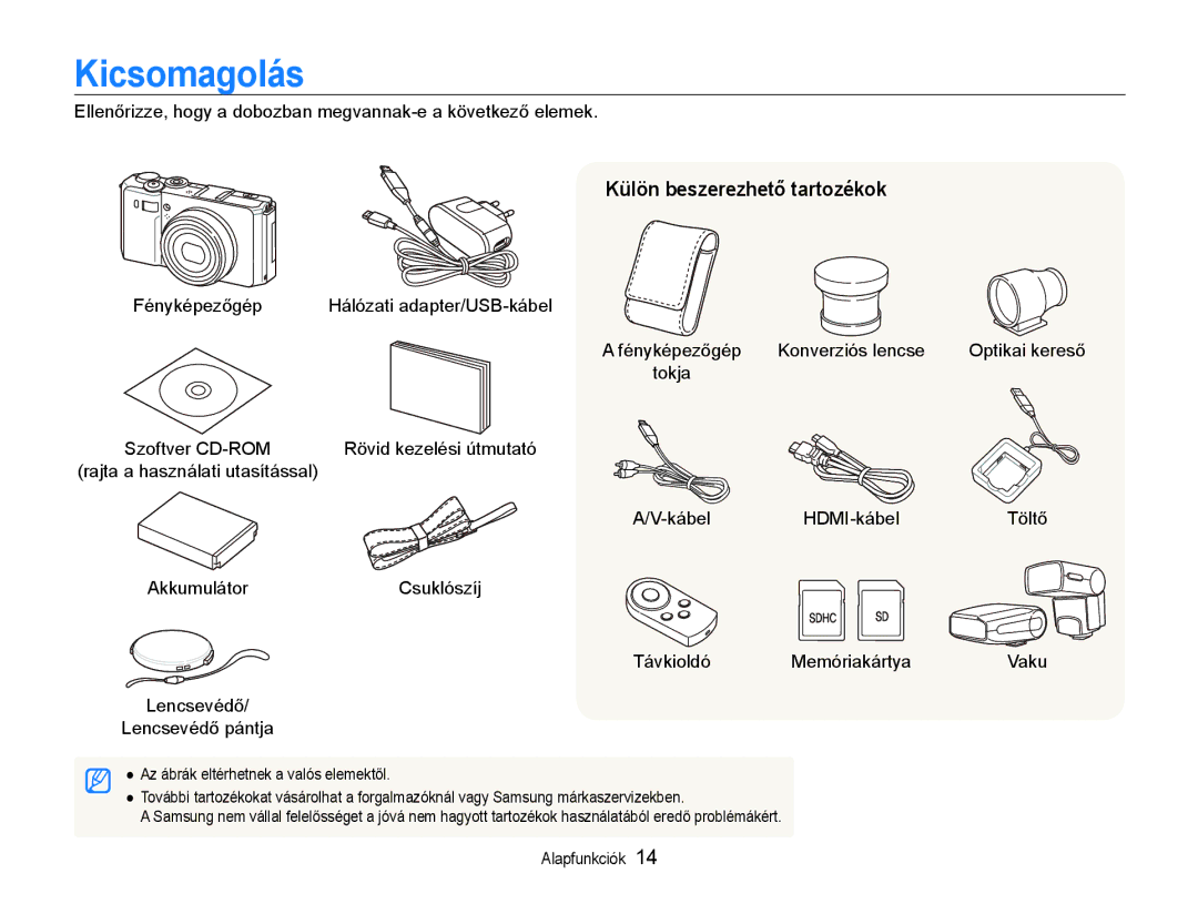 Samsung EC-EX1ZZZBPBE2, EC-EX1ZZZBPBIT, EC-EX1ZZZBPAE3, EC-EX1ZZZBPBE3 manual Kicsomagolás, Külön beszerezhető tartozékok 