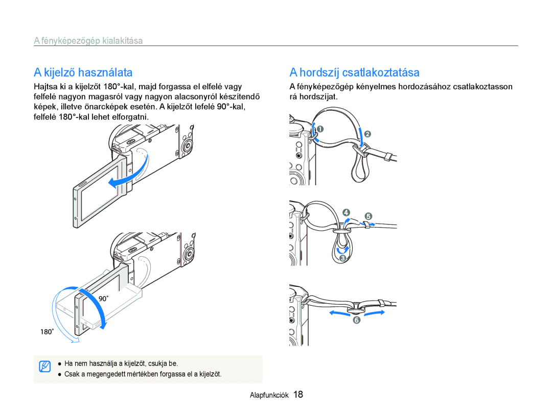 Samsung EC-EX1ZZZBPBE2, EC-EX1ZZZBPBIT, EC-EX1ZZZBPAE3, EC-EX1ZZZBPBE3 manual Kijelző használata, Hordszíj csatlakoztatása 