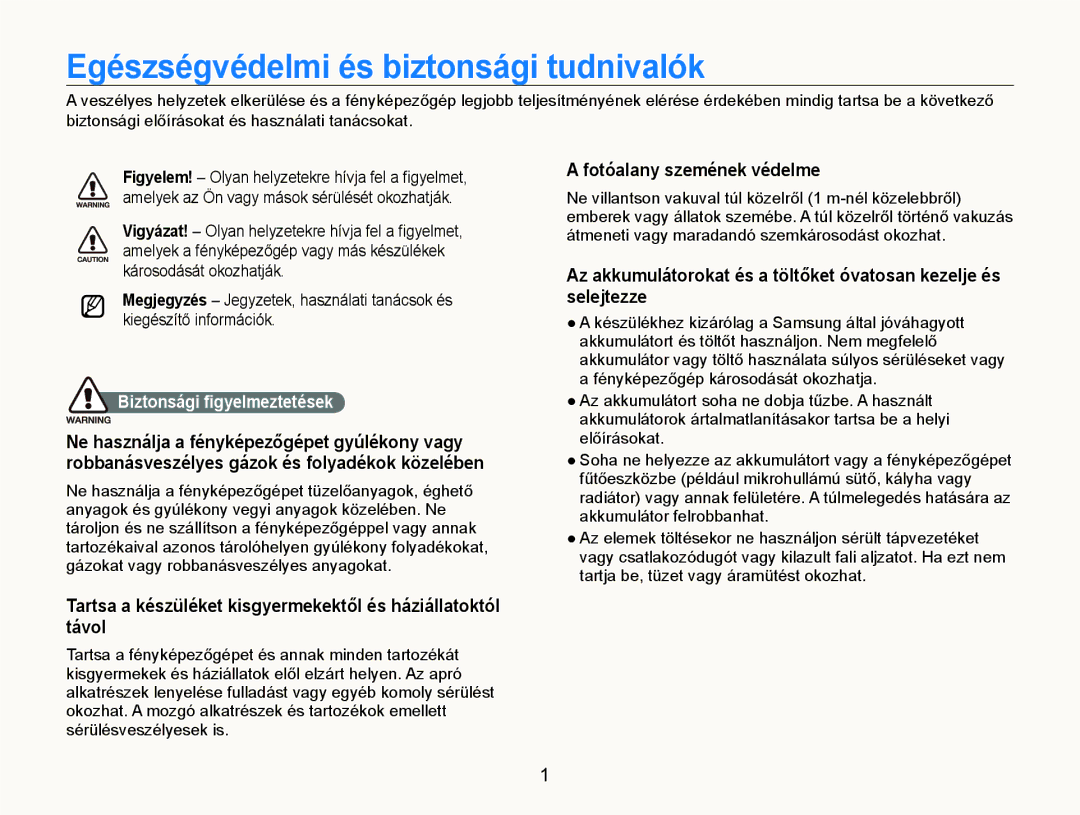 Samsung EC-EX1ZZZBPBE3 Egészségvédelmi és biztonsági tudnivalók, Fotóalany szemének védelme, Biztonsági ﬁgyelmeztetések 