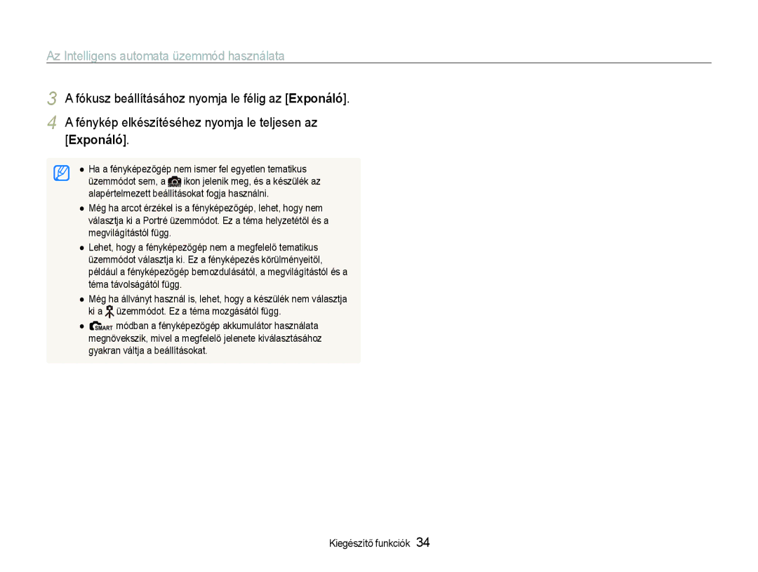 Samsung EC-EX1ZZZBPBE2 Az Intelligens automata üzemmód használata, Fénykép elkészítéséhez nyomja le teljesen az, Exponáló 