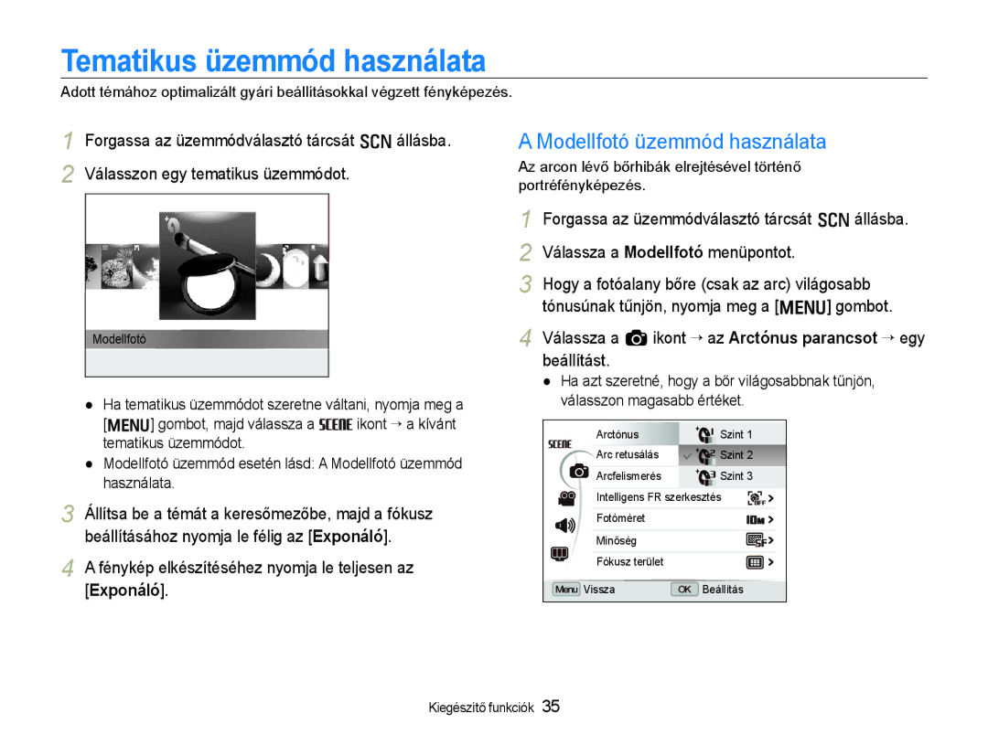 Samsung EC-EX1ZZZBPBIT, EC-EX1ZZZBPAE3, EC-EX1ZZZBPBE3 manual Tematikus üzemmód használata, Modellfotó üzemmód használata 