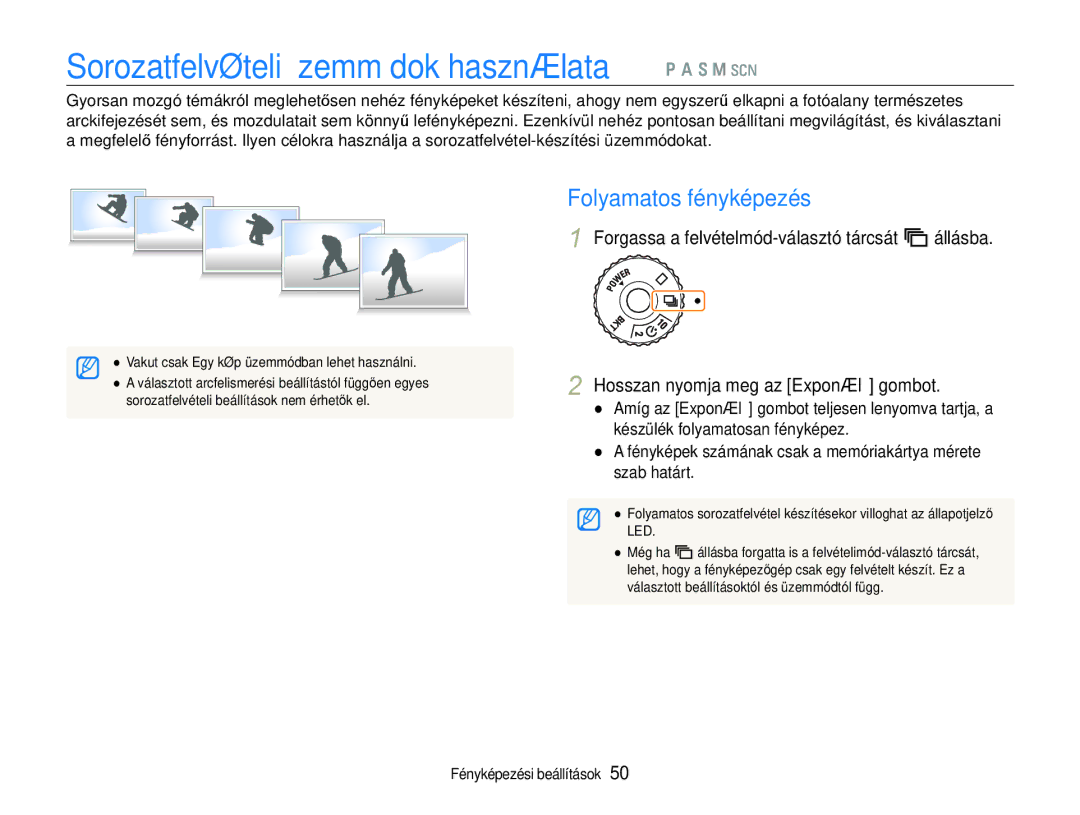 Samsung EC-EX1ZZZBPBE2, EC-EX1ZZZBPBIT manual Sorozatfelvételi üzemmódok használata p a S M s, Folyamatos fényképezés 