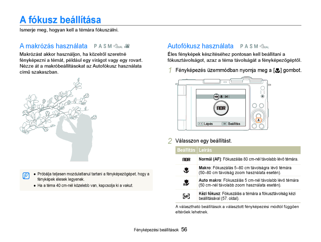 Samsung EC-EX1ZZZBPAE3, EC-EX1ZZZBPBIT Fókusz beállítása, Makrózás használata p a S M d, Autofókusz használata p a S M d 