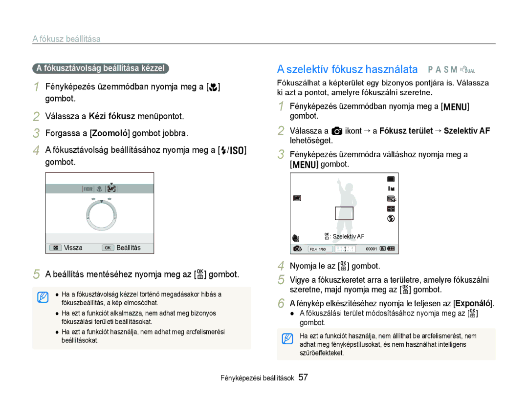 Samsung EC-EX1ZZZBPBE3 manual Szelektív fókusz használata p a S M d, Fókusz beállítása, Fókusztávolság beállítása kézzel 