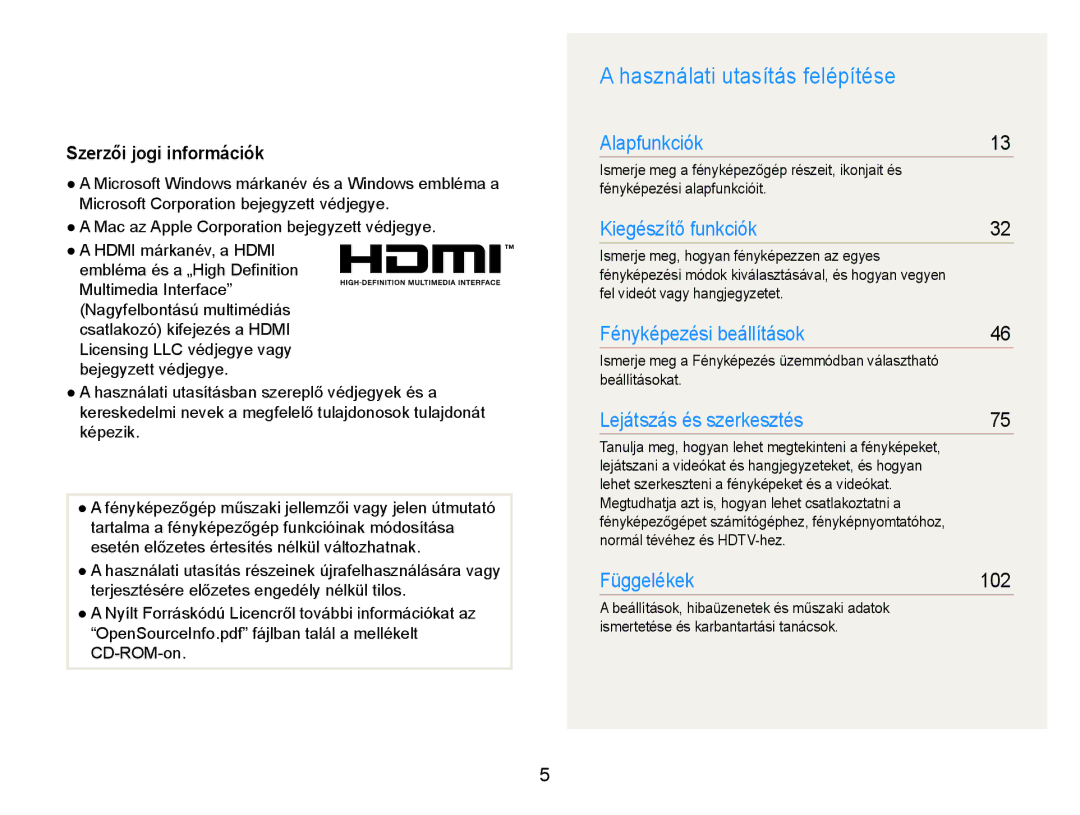 Samsung EC-EX1ZZZBPBE3, EC-EX1ZZZBPBIT, EC-EX1ZZZBPAE3 manual Használati utasítás felépítése, Szerzői jogi információk, 102 