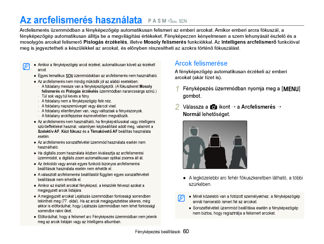 Samsung EC-EX1ZZZBPAE3, EC-EX1ZZZBPBIT, EC-EX1ZZZBPBE3 manual Az arcfelismerés használata p a S M d s, Arcok felismerése 