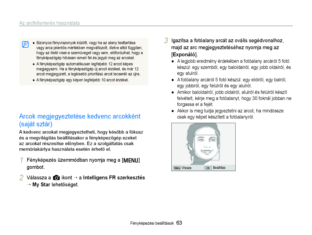 Samsung EC-EX1ZZZBPBIT, EC-EX1ZZZBPAE3 manual Arcok megjegyeztetése kedvenc arcokként saját sztár, “ My Star lehetőséget 
