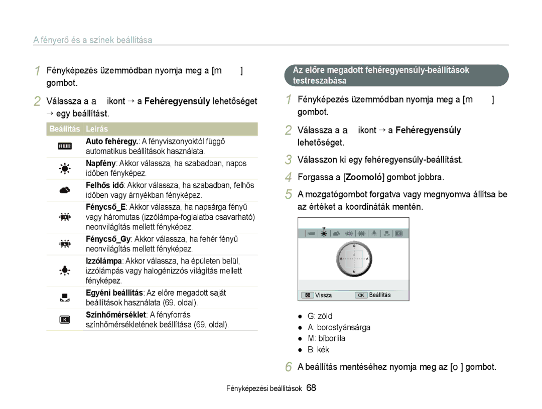 Samsung EC-EX1ZZZBPAE3 manual Az előre megadott fehéregyensúly-beállítások Testreszabása, Színhőmérséklet a fényforrás 