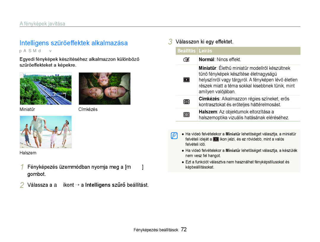 Samsung EC-EX1ZZZBPAE3, EC-EX1ZZZBPBIT, EC-EX1ZZZBPBE3 manual Intelligens szűrőeffektek alkalmazása, Fényképek javítása 