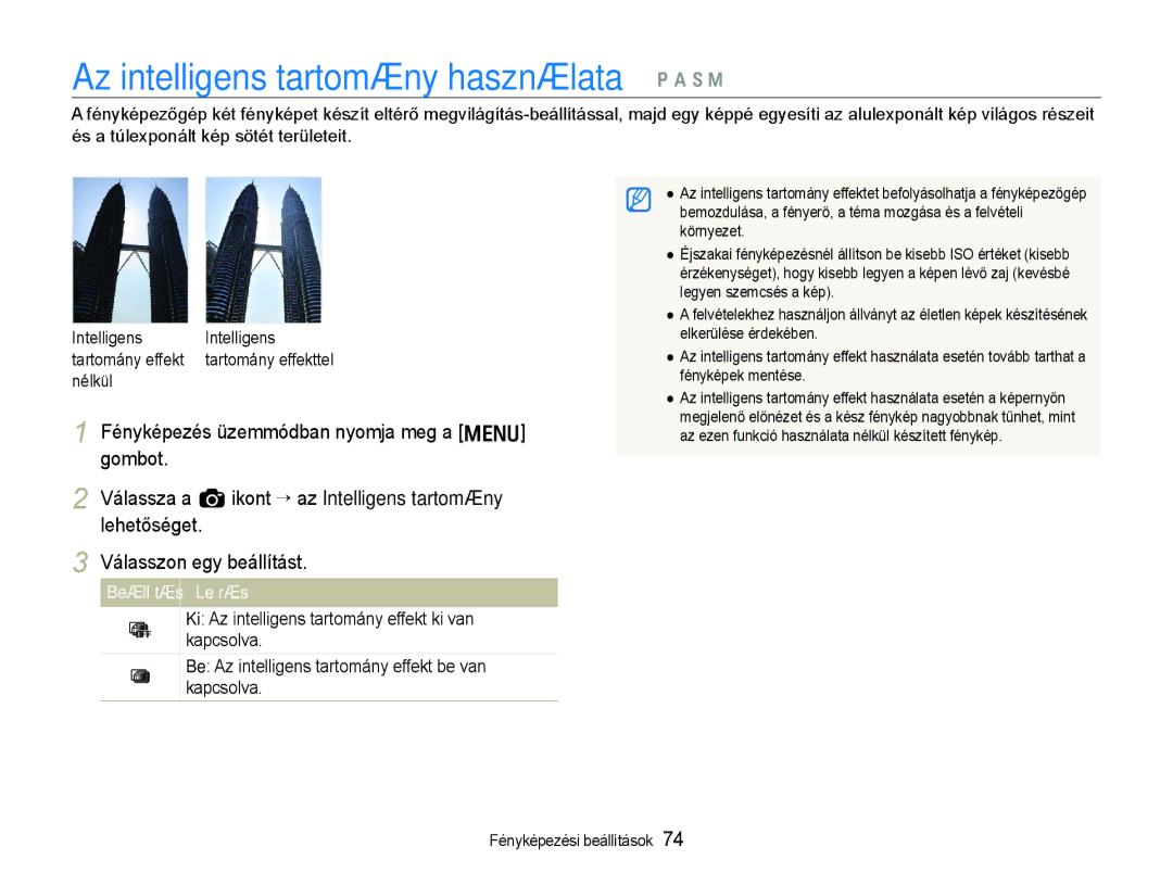 Samsung EC-EX1ZZZBPBE2, EC-EX1ZZZBPBIT, EC-EX1ZZZBPAE3, EC-EX1ZZZBPBE3 Az intelligens tartomány használata p a S M, Nélkül 