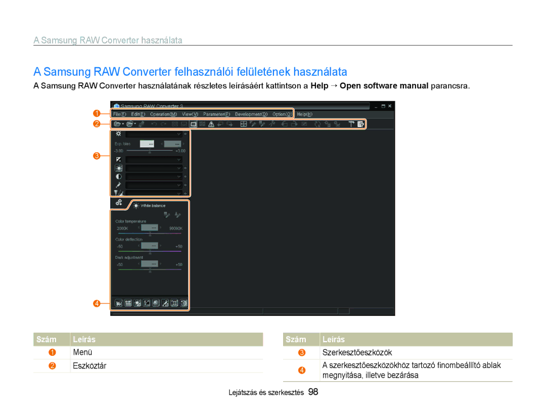 Samsung EC-EX1ZZZBPBE2 manual Samsung RAW Converter felhasználói felületének használata, Samsung RAW Converter használata 