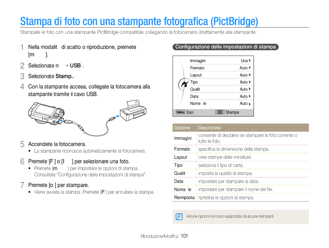 Samsung EC-EX1ZZZBPAE3 Stampa di foto con una stampante fotograﬁca PictBridge, Premete F o I per selezionare una foto 