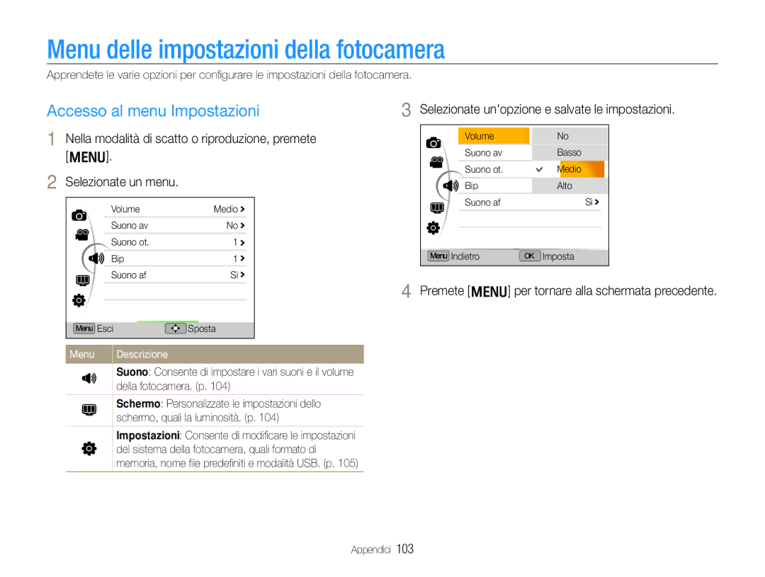 Samsung EC-EX1ZZZBPBE2 manual Menu delle impostazioni della fotocamera, Accesso al menu Impostazioni, Menu Descrizione 