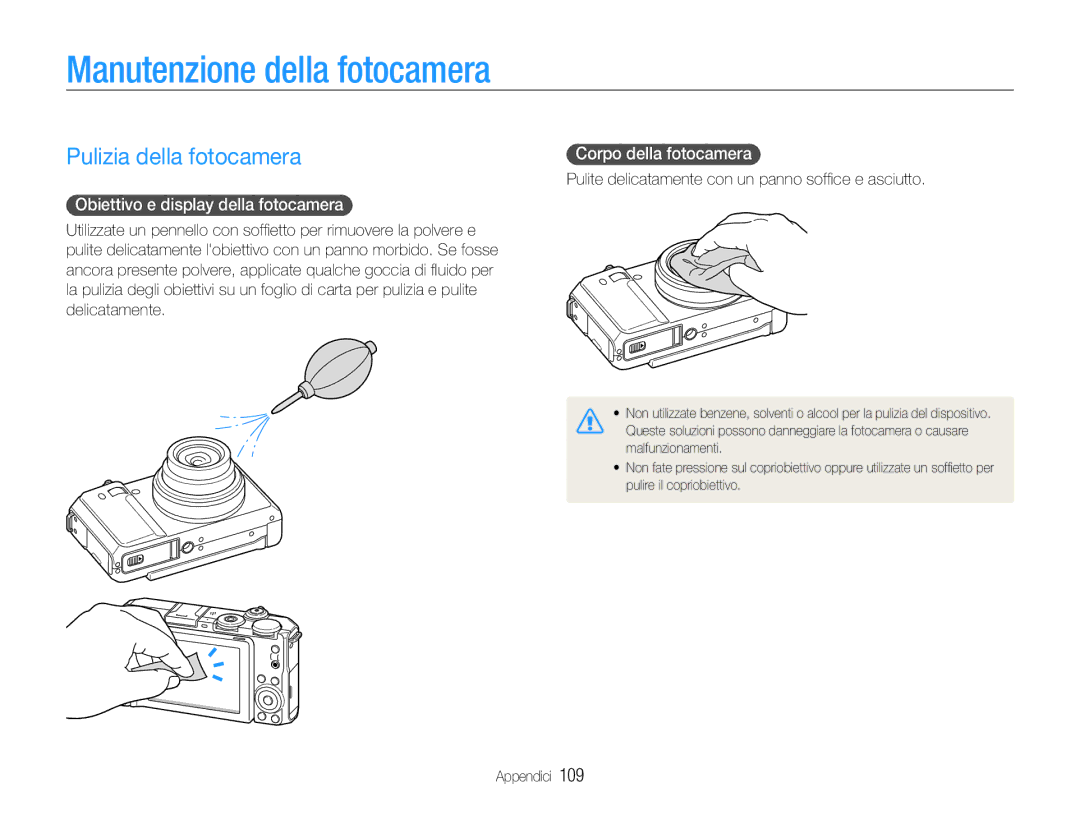 Samsung EC-EX1ZZZBPBIT manual Manutenzione della fotocamera, Pulizia della fotocamera, Obiettivo e display della fotocamera 