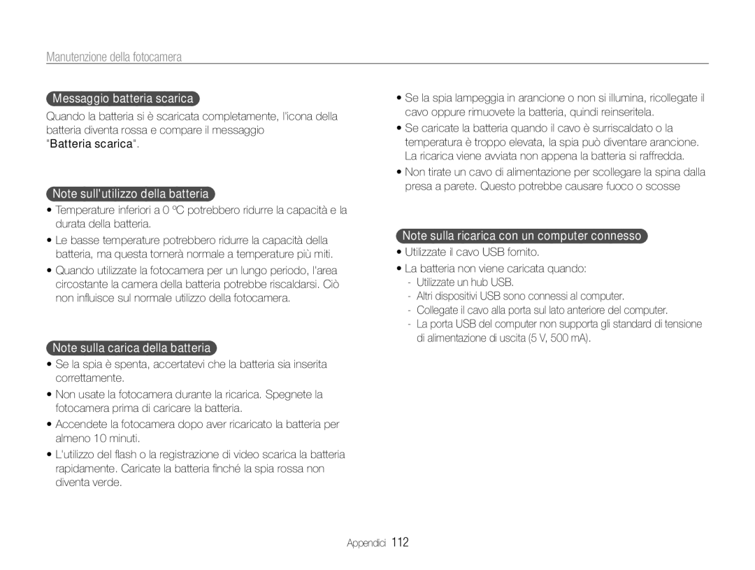 Samsung EC-EX1ZZZBPBE3, EC-EX1ZZZBPBIT, EC-EX1ZZZBPAIT, EC-EX1ZZZBPAE3, EC-EX1ZZZBPBE2 manual Messaggio batteria scarica 