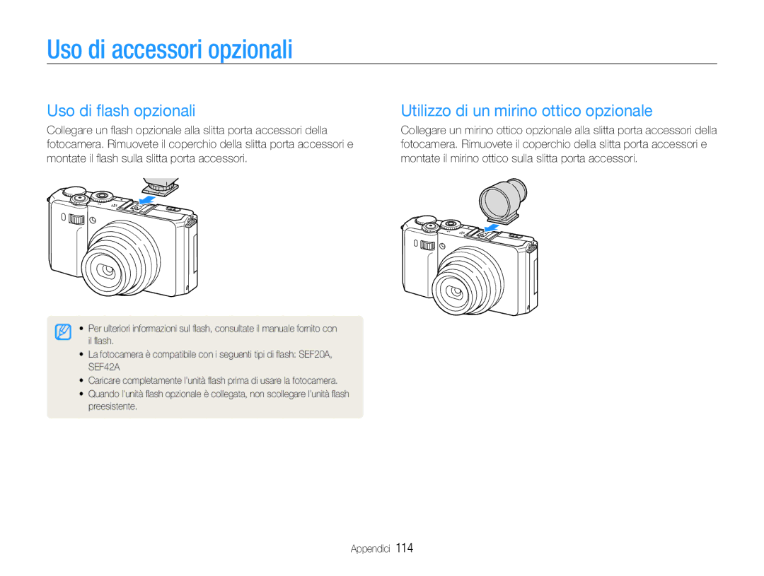 Samsung EC-EX1ZZZBPBIT manual Uso di accessori opzionali, Uso di ﬂash opzionali, Utilizzo di un mirino ottico opzionale 