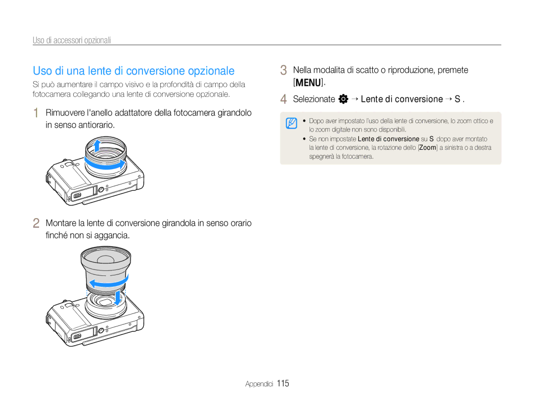 Samsung EC-EX1ZZZBPAIT, EC-EX1ZZZBPBIT manual Uso di una lente di conversione opzionale, Uso di accessori opzionali 