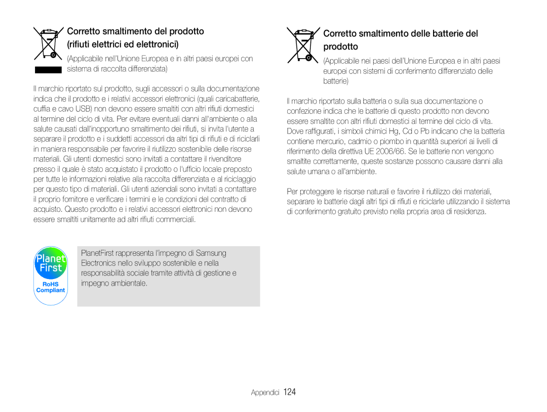 Samsung EC-EX1ZZZBPBIT, EC-EX1ZZZBPAIT, EC-EX1ZZZBPAE3, EC-EX1ZZZBPBE3 manual Corretto smaltimento delle batterie del prodotto 