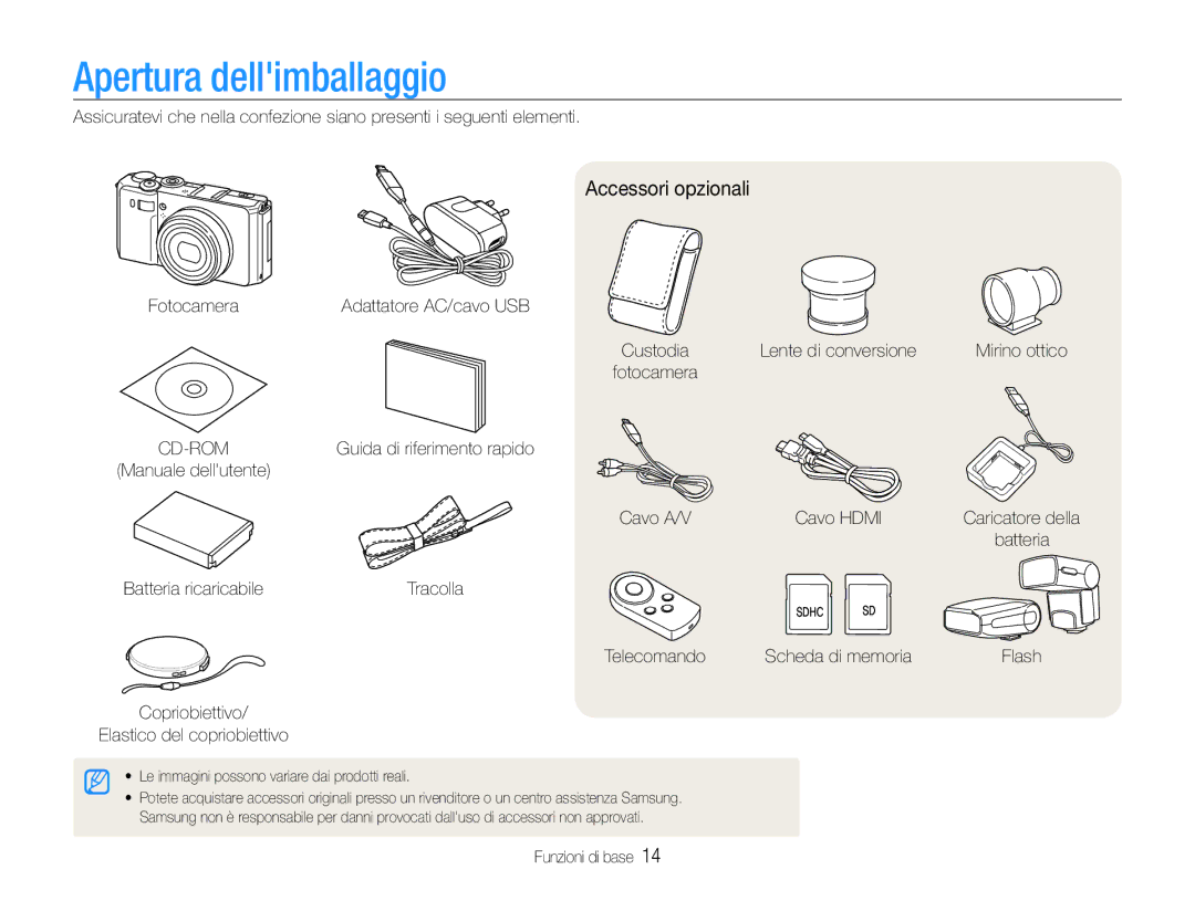 Samsung EC-EX1ZZZBPBIT, EC-EX1ZZZBPAIT, EC-EX1ZZZBPAE3, EC-EX1ZZZBPBE3 manual Apertura dellimballaggio, Accessori opzionali 