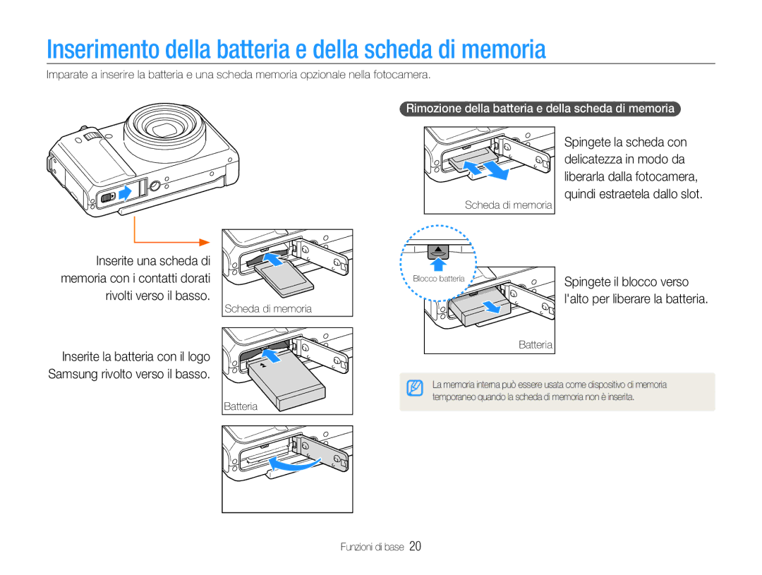 Samsung EC-EX1ZZZBPAIT manual Inserimento della batteria e della scheda di memoria, Spingete il blocco verso, Batteria 