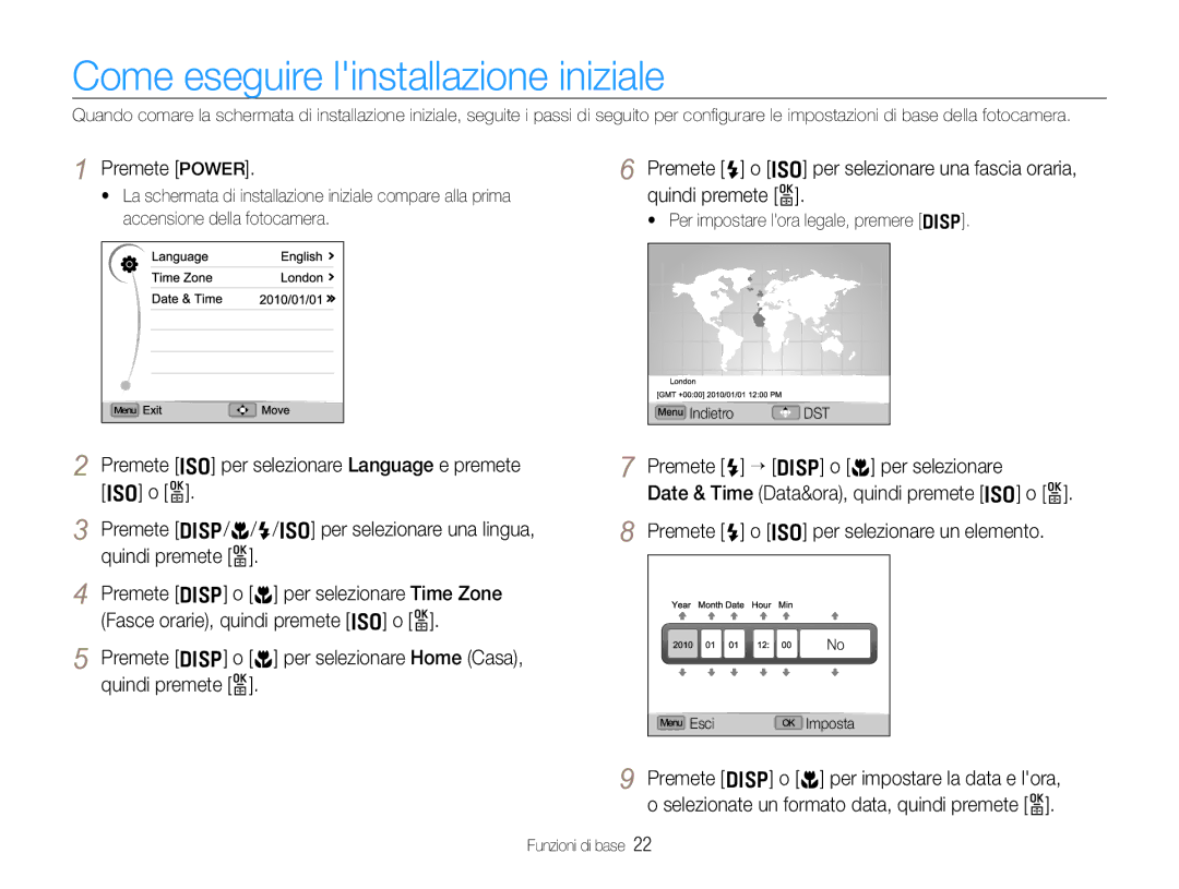 Samsung EC-EX1ZZZBPBE3, EC-EX1ZZZBPBIT manual Come eseguire linstallazione iniziale, Premete Power, Quindi premete o 