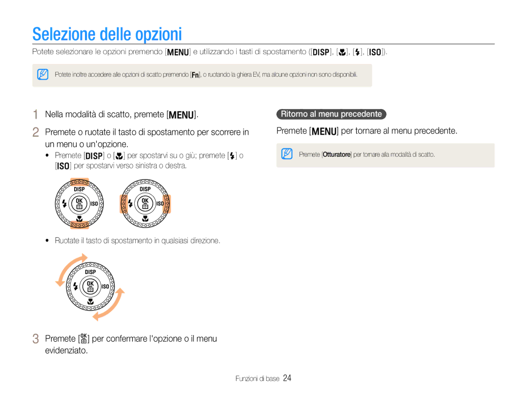 Samsung EC-EX1ZZZBPBIT manual Selezione delle opzioni, Premete m per tornare al menu precedente, Ritorno al menu precedente 