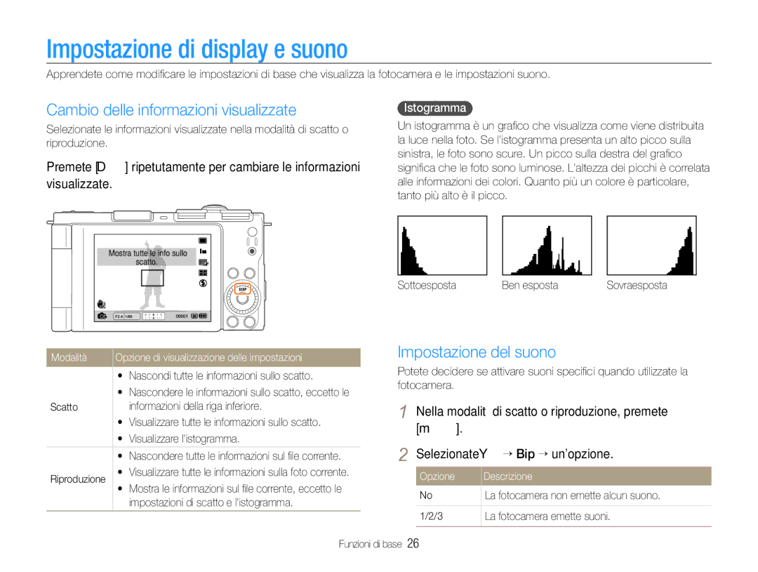 Samsung EC-EX1ZZZBPAE3 Impostazione di display e suono, Cambio delle informazioni visualizzate, Impostazione del suono 