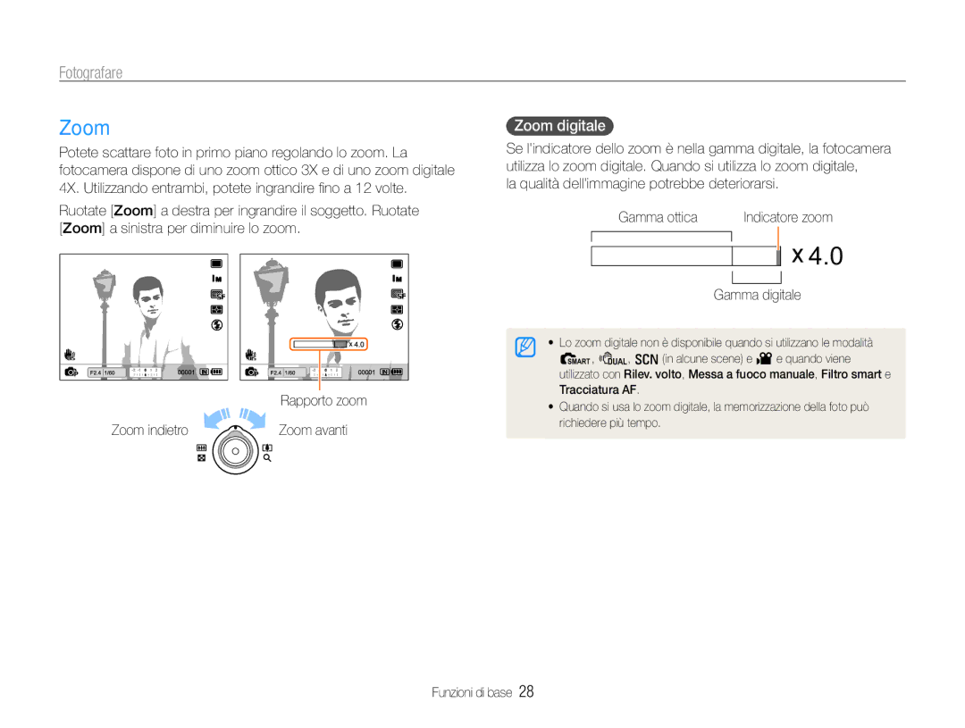 Samsung EC-EX1ZZZBPBE2 manual Fotografare, Zoom digitale, La qualità dellimmagine potrebbe deteriorarsi Gamma ottica 