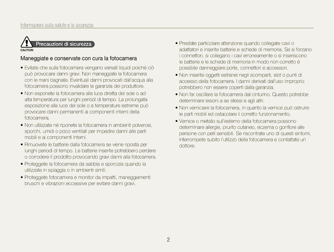 Samsung EC-EX1ZZZBPBE3 manual Informazioni sulla salute e la sicurezza, Maneggiate e conservate con cura la fotocamera 