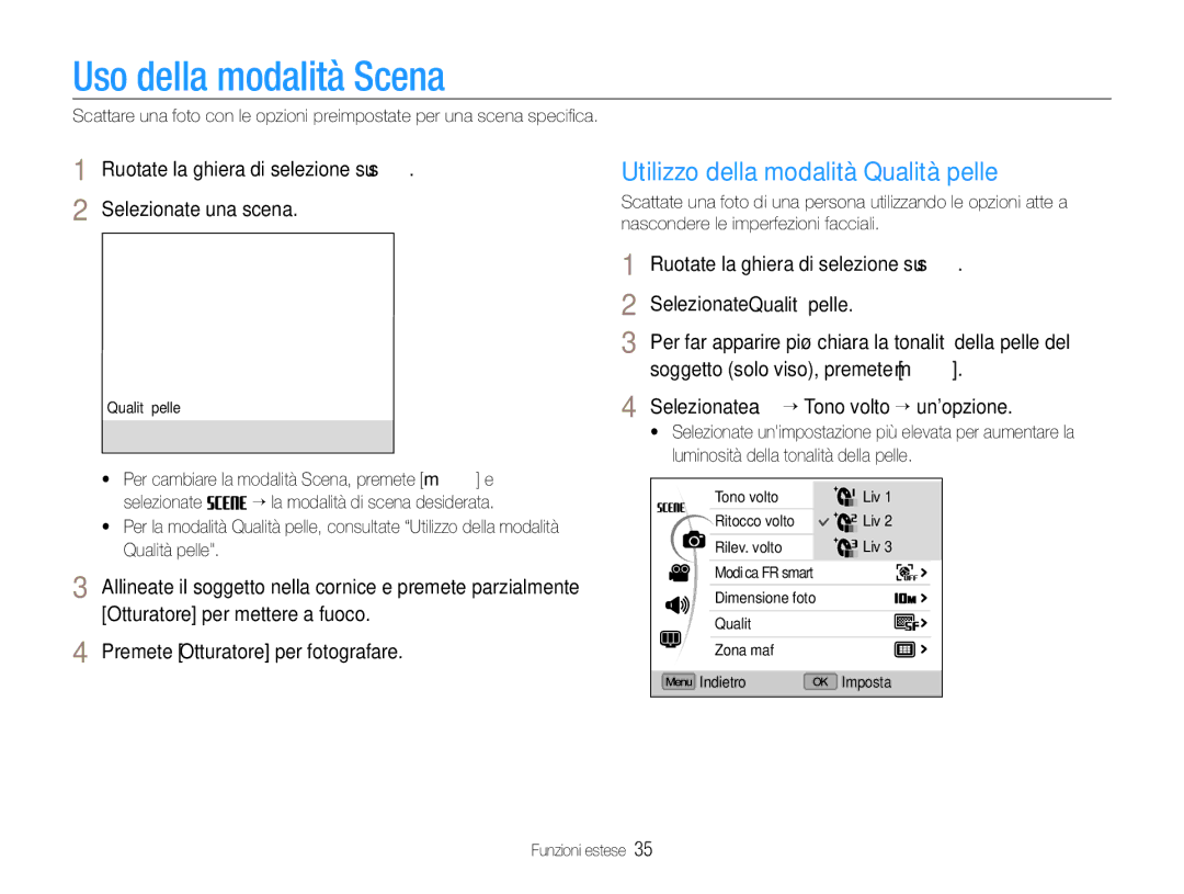 Samsung EC-EX1ZZZBPAIT, EC-EX1ZZZBPBIT, EC-EX1ZZZBPAE3 manual Uso della modalità Scena, Utilizzo della modalità Qualità pelle 