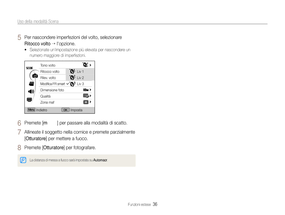 Samsung EC-EX1ZZZBPAE3, EC-EX1ZZZBPBIT, EC-EX1ZZZBPAIT, EC-EX1ZZZBPBE3, EC-EX1ZZZBPBE2 manual Uso della modalità Scena 