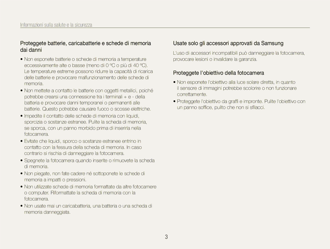 Samsung EC-EX1ZZZBPBE2 manual Usate solo gli accessori approvati da Samsung, Proteggete lobiettivo della fotocamera 