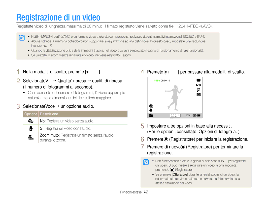 Samsung EC-EX1ZZZBPBE3, EC-EX1ZZZBPBIT manual Registrazione di un video, Selezionate Voce ““unopzione audio, Premere 