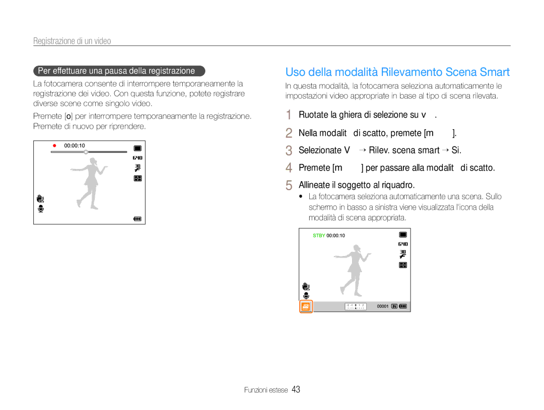 Samsung EC-EX1ZZZBPBE2, EC-EX1ZZZBPBIT manual Uso della modalità Rilevamento Scena Smart, Registrazione di un video 