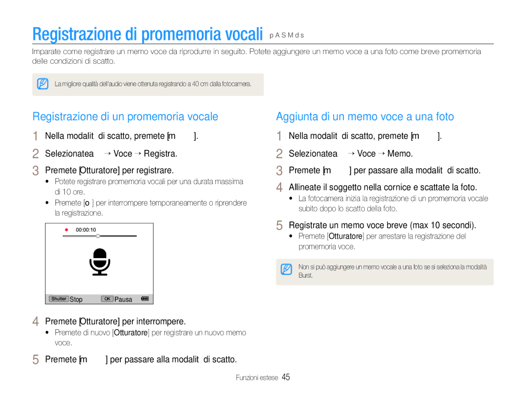 Samsung EC-EX1ZZZBPAIT manual Registrazione di promemoria vocali p a S M d s, Registrazione di un promemoria vocale 