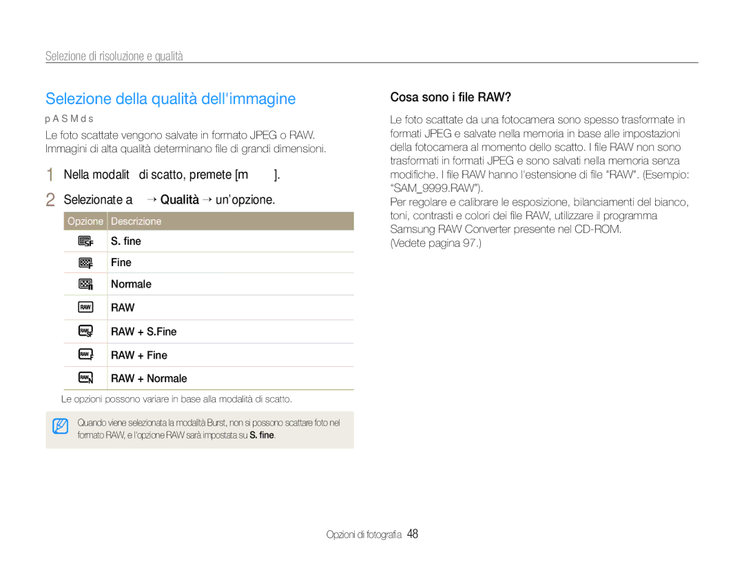 Samsung EC-EX1ZZZBPBE2 Selezione della qualità dellimmagine, Selezione di risoluzione e qualità, Cosa sono i ﬁle RAW? 