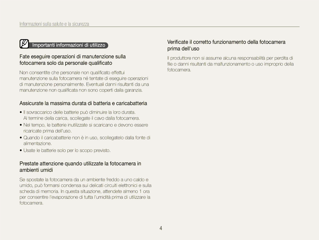 Samsung EC-EX1ZZZBPBIT Assicurate la massima durata di batteria e caricabatteria, Importanti informazioni di utilizzo 