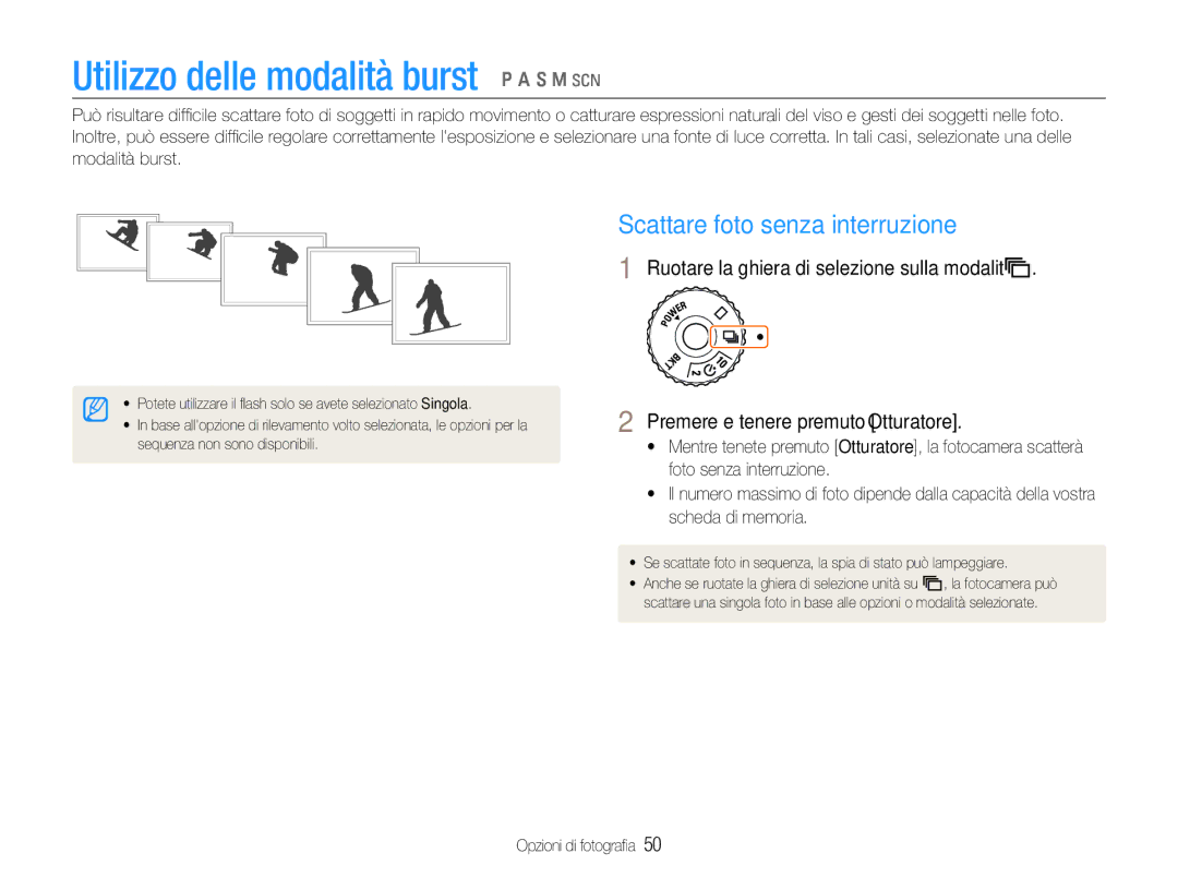 Samsung EC-EX1ZZZBPAIT, EC-EX1ZZZBPBIT manual Utilizzo delle modalità burst p a S M s, Scattare foto senza interruzione 