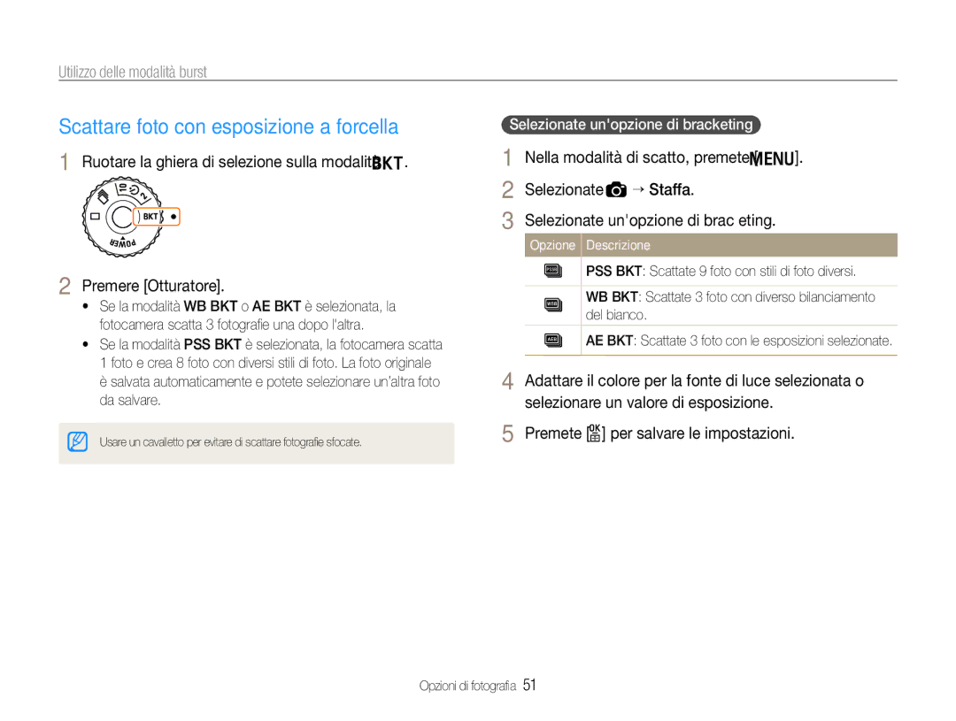 Samsung EC-EX1ZZZBPAE3 manual Scattare foto con esposizione a forcella, Utilizzo delle modalità burst, Premere Otturatore 