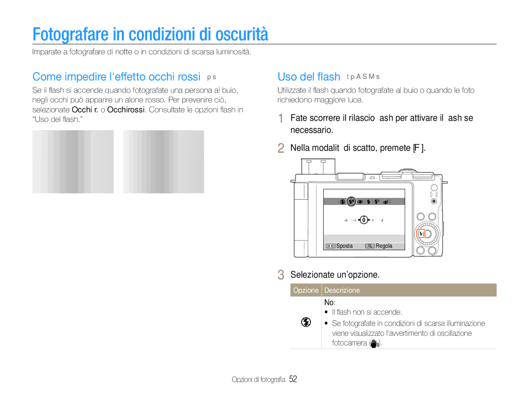Samsung EC-EX1ZZZBPBE3, EC-EX1ZZZBPBIT manual Fotografare in condizioni di oscurità, Come impedire leffetto occhi rossi p s 