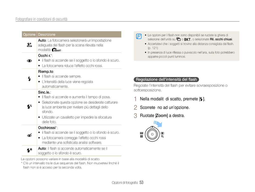 Samsung EC-EX1ZZZBPBE2, EC-EX1ZZZBPBIT manual Fotografare in condizioni di oscurità, Regolazione dellintensità del ﬂash 