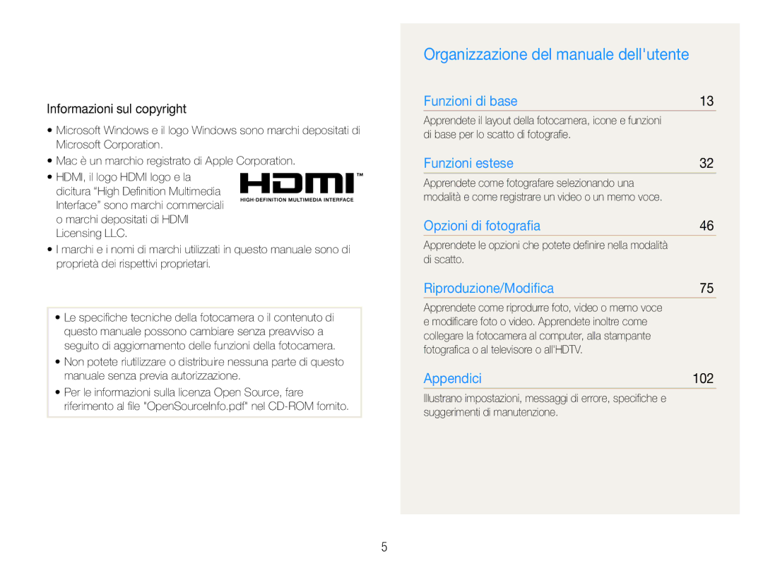 Samsung EC-EX1ZZZBPAIT, EC-EX1ZZZBPBIT Organizzazione del manuale dellutente, Informazioni sul copyright, 102 