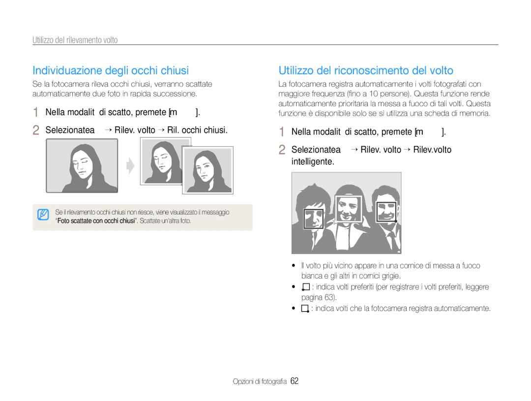 Samsung EC-EX1ZZZBPBE3, EC-EX1ZZZBPBIT manual Individuazione degli occhi chiusi, Utilizzo del riconoscimento del volto 