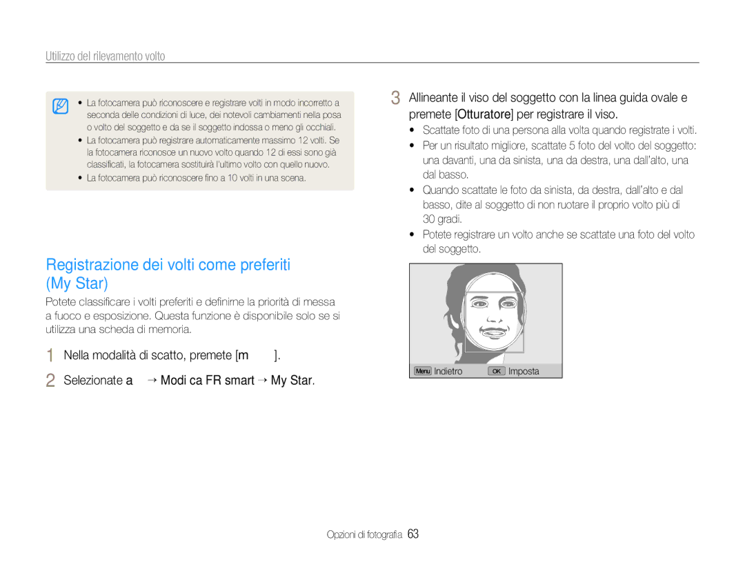 Samsung EC-EX1ZZZBPBE2, EC-EX1ZZZBPBIT, EC-EX1ZZZBPAIT, EC-EX1ZZZBPAE3 manual Registrazione dei volti come preferiti My Star 